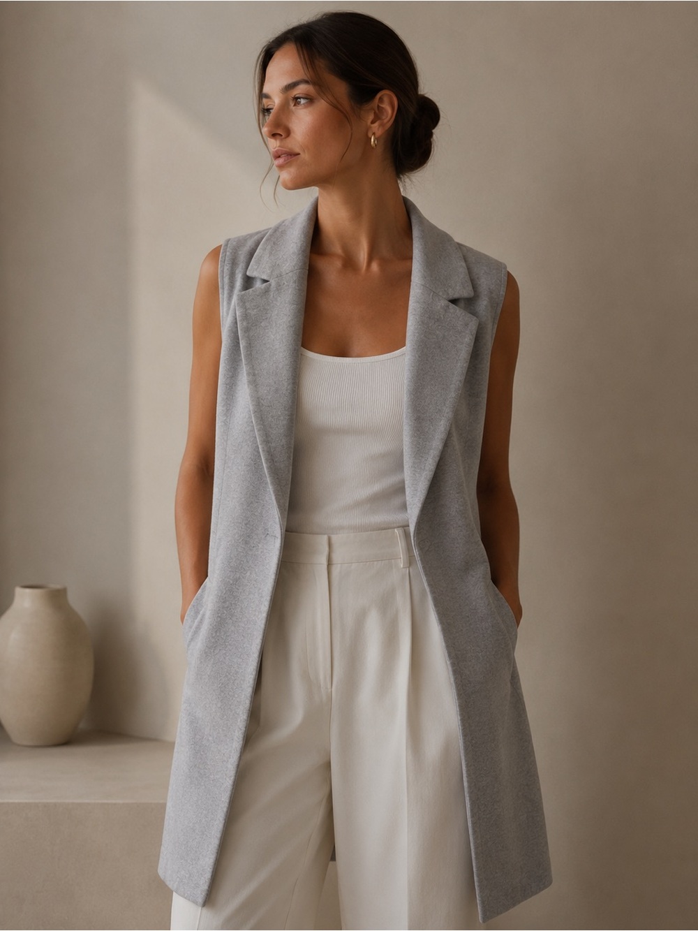 Joie Sleeveless Longline Tailored Vest in Light Gray Medium